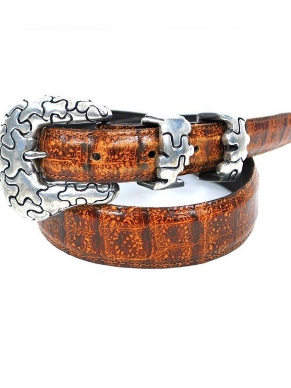 Y2K VICENZA Italy Signed Number Alligator Embossed Leather Belt Pewter Buckle 30